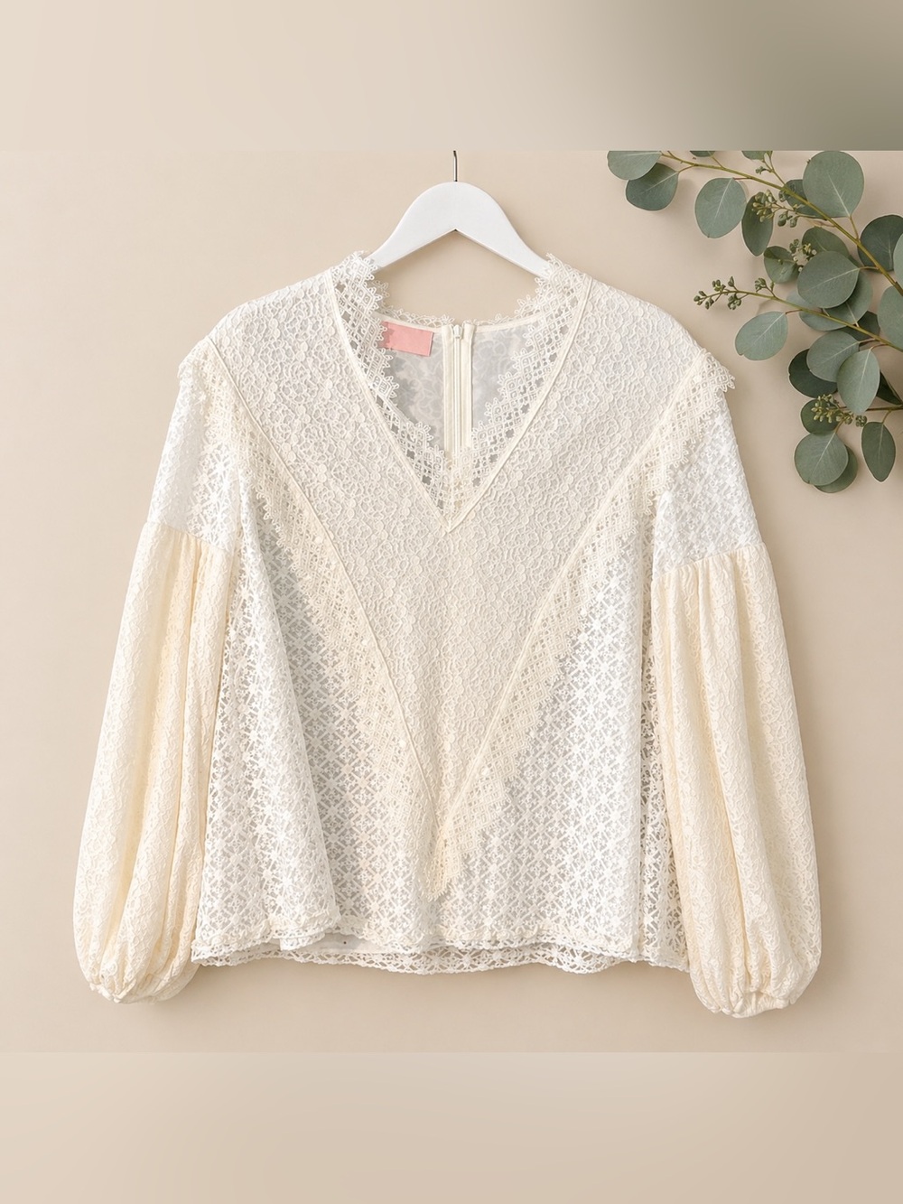 Giamba by Giambattista Lace V-Neck Balloon Sleeve Women's Top - Cream